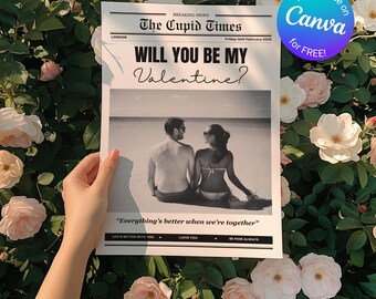Niestandardowy szablon gazety walentynkowej - Canva Gazeta walentynkowa - Czy będziesz moim prezentem walentynkowym Gazeta Kupidyn Walentynkowy