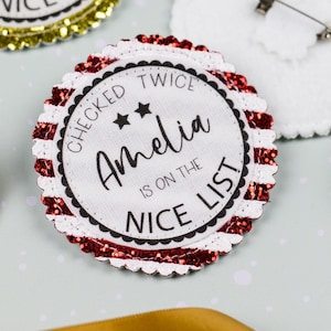 Personalised nice list badge Christmas nice list badge Children's Christmas badge Christmas Eve box Christmas gift Christmas badge Red/white stripe