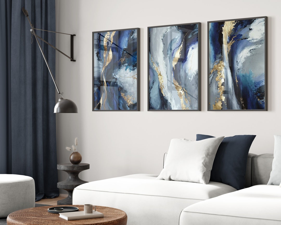 Abstract Navy Blue Wall Art Set of 3 Prints - Set of 3 Prints - Gold ...