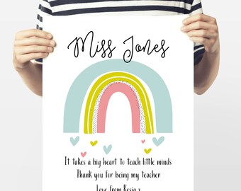 Personalised teacher print - It takes a big heart to teach little minds - Rainbow teacher print - Thank you teacher gift - Teacher gift