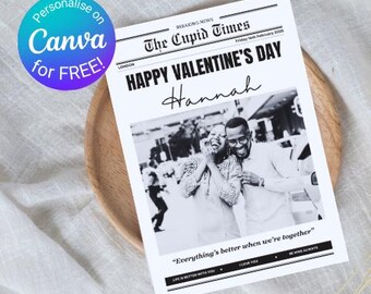Szablon gazety dla par na Walentynki - Canva Gazeta Walentynkowa - Czy będziesz moim prezentem na Walentynki Zabawna Gazeta Kupidyn Walentynkowy
