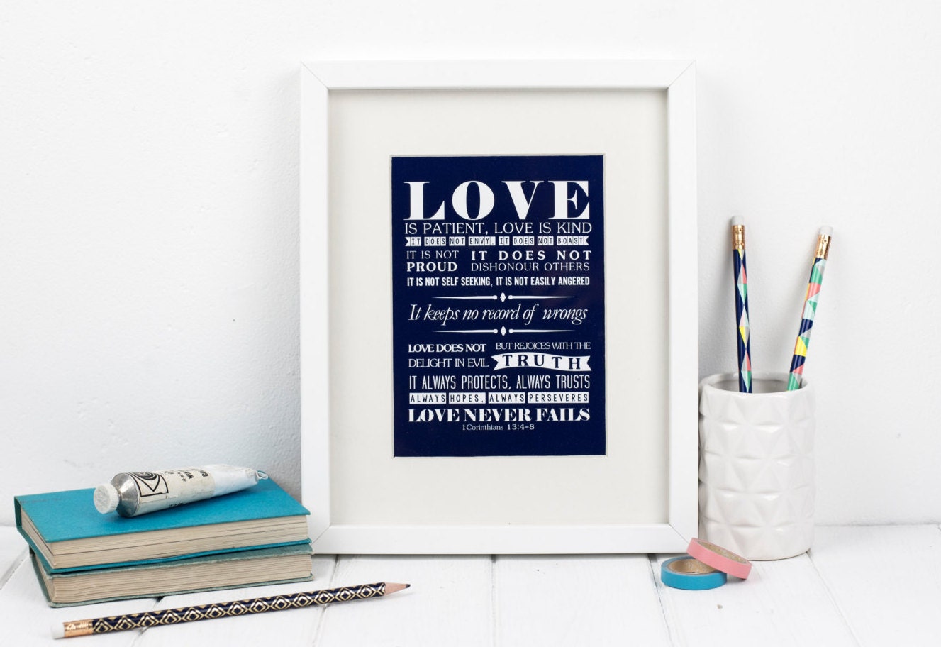 Framed love bible verse - 1 Corinthians 13:4-8 - Christian Gifts - Christian Print - Faith Prints - Gift for Him - Gift for Her