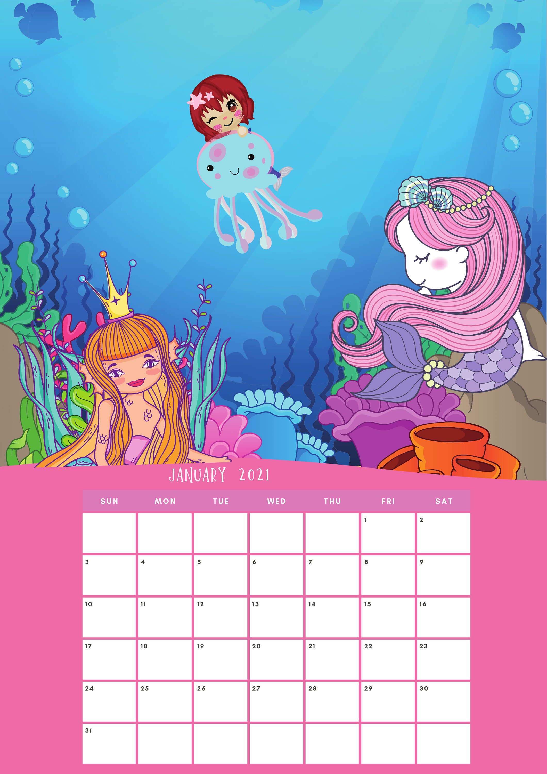 Mermaid vertical style calendar 2021 with colourful animation Etsy