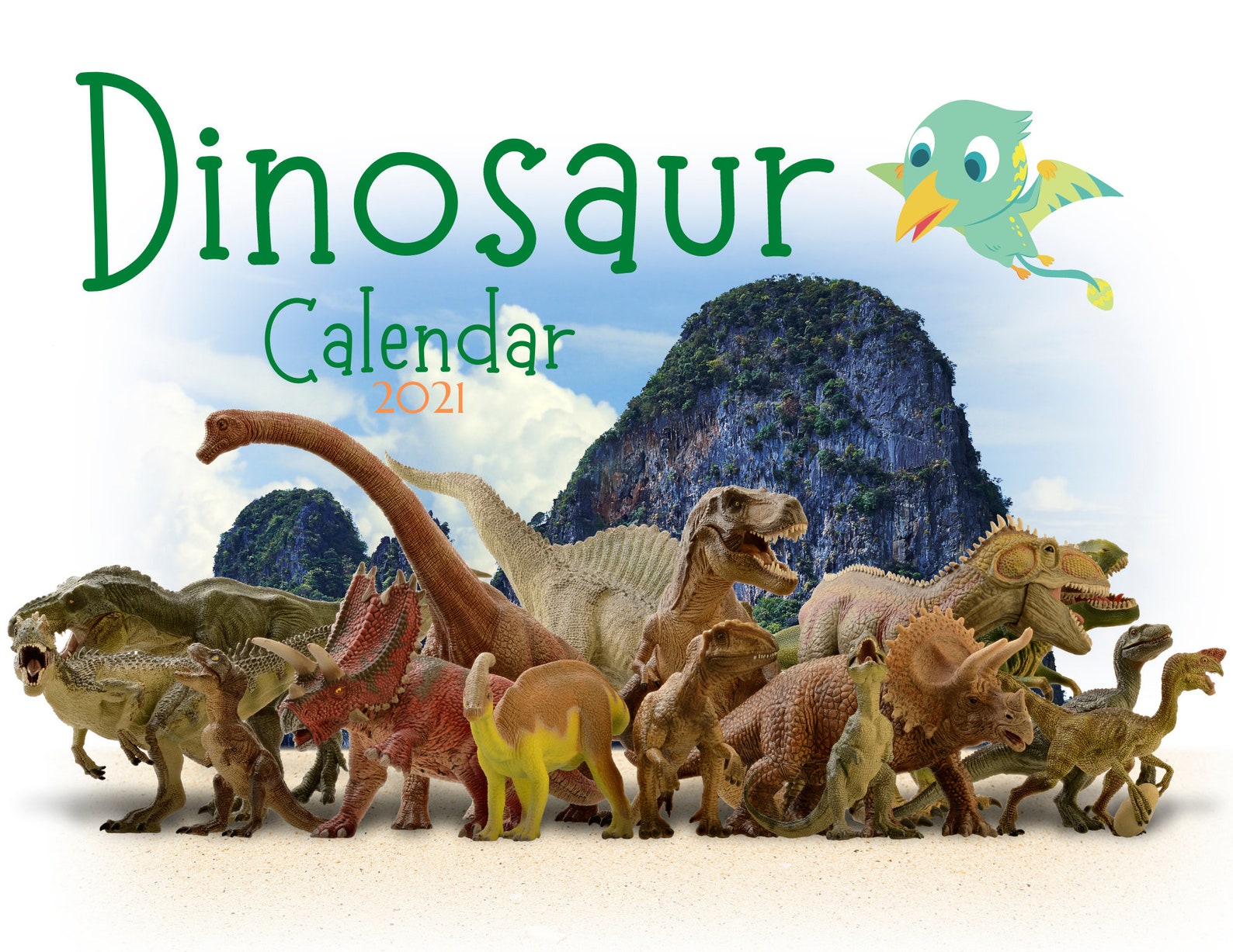Dinosaur wall calendar with months on separate pages. Ideal Etsy