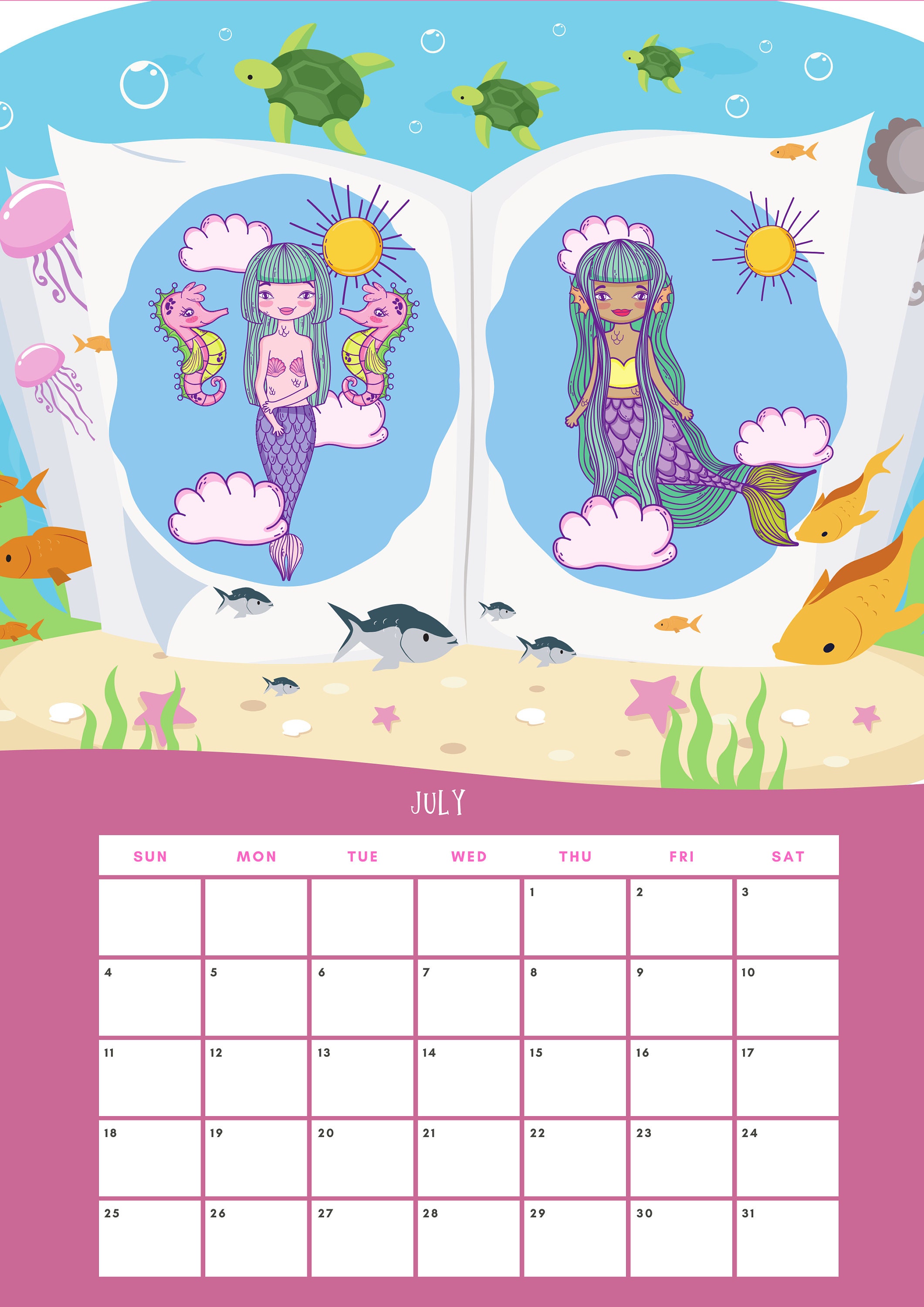 Mermaid vertical style calendar 2021 with colourful animation Etsy