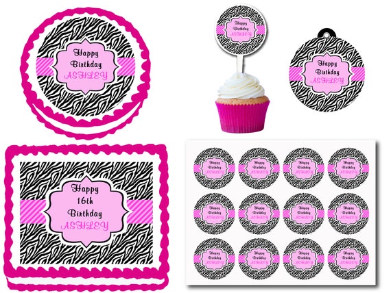 Zebra Pattern Pink Black Edible Cake Cookie Toppers