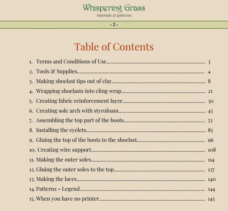 K&ouml;nnte beinhalten: Eine Seite aus "Whispering Grass" Tutorials und Anleitungen mit einem Inhaltsverzeichnis. Der Titel ist in einer dekorativen Schriftart, mit einer Liste von Themen und Seitenzahlen. Der Hintergrund ist hellbeige.