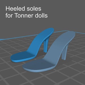 Może przedstawiać: Dwie niebieskie plastikowe podeszwy do butów na obcasie dla lalek Tonner. Podeszwy są zaprojektowane do mocowania do stóp lalki.