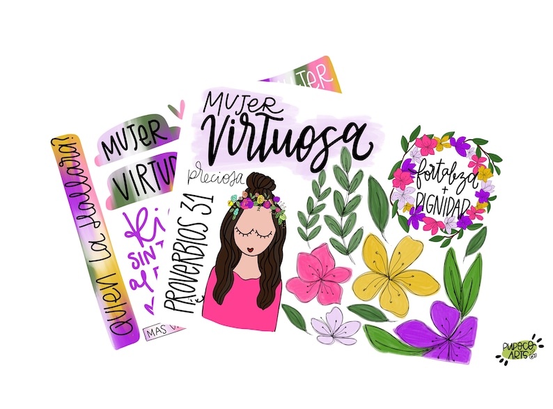 May include: A set of colorful digital stickers featuring a woman with a flower crown, the text "MUJER VIRTUOSA preciosa PROVERBIOS 31", and floral designs. The stickers are perfect for adding a touch of whimsy and inspiration to your planner, journal, or other creative projects.