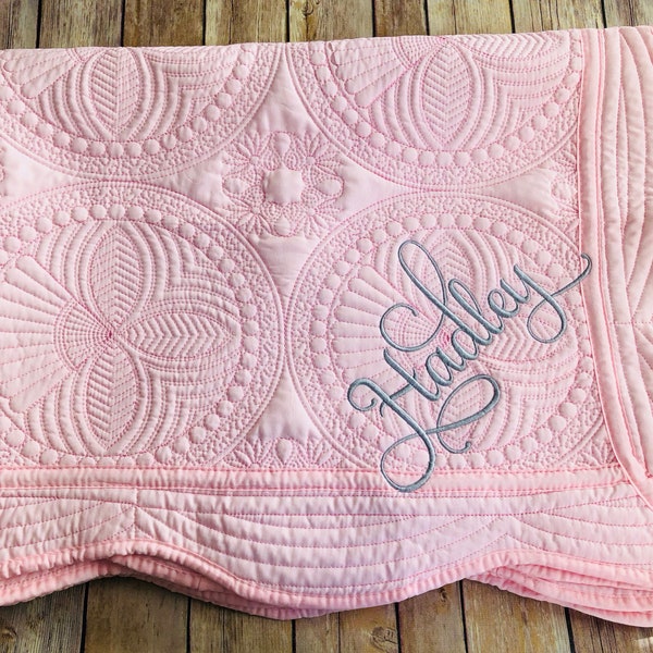 PINK personalized baby quilt, Cotton blanket, Monogrammed personalized name year, birth announcement, pink nursery quilt, baby girl gifts