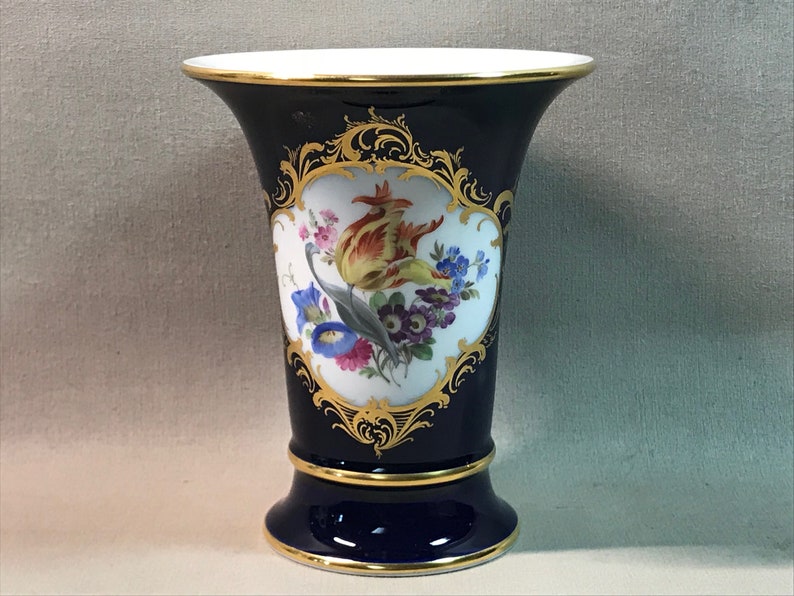 Meissen Germany Cobalt Porcelain Trumpet Vase Midcentury European Charm
