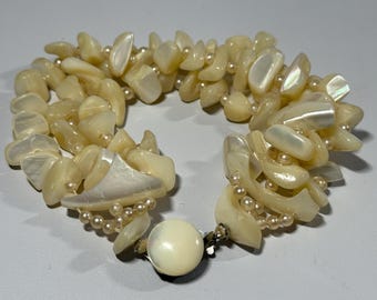 Vintage Mother of Pearl Chunk Bracelet with Pearls Japan
