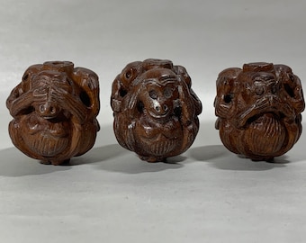 Carved Wood See Hear Speak No Evil Beads Set of Three