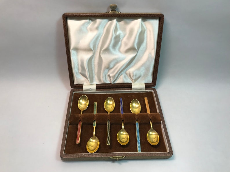 Meka Denmark Gold Plated Enamel Demitasse Spoon Set in Box