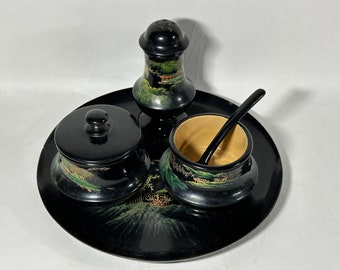 Midcentury Chinese Flying Horse Black Lacquer Serving Set