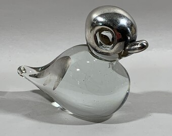 Vintage Silver Overlay Glass Duck Figurine