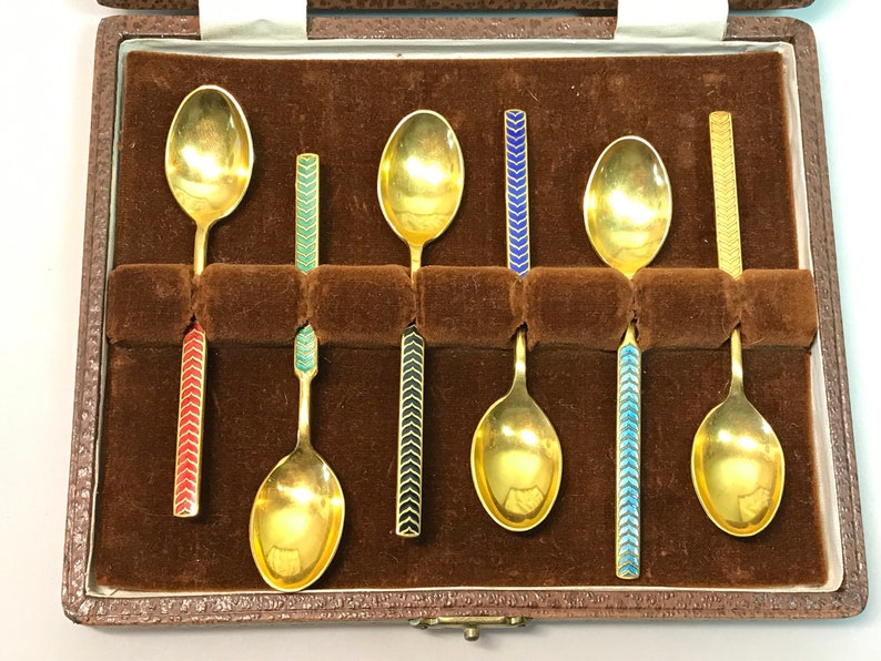 Meka Denmark Gold Plated Enamel Demitasse Spoon Set in Box