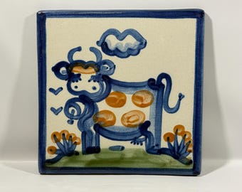 Vintage MA Hadley Country Blue Ceramic Cow Tile