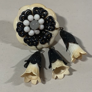 Vintage Celluloid Black and White Dangling Flower Brooch