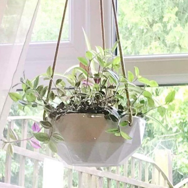 White Geometric Design Ceramic Hanging Planter with Knotted adjustable Macrame Rope Large Trailing Plant Pot Artificial or Real Plants