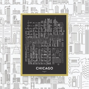 May include: A black and white line art illustration of the Chicago skyline. The illustration is framed in a gold frame and the text "CHICAGO" is printed below the illustration.