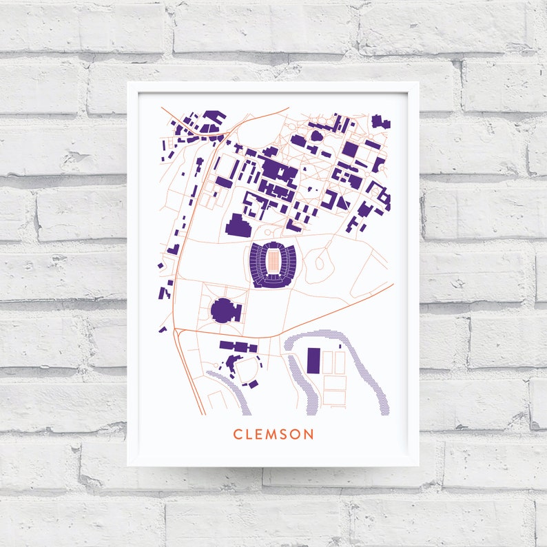 Clemson Sc Map Print Clemson University Gifts Clemson Tigers Clemson Souvenir Alumni Memorial Stadium Graduation Gift Wall Art