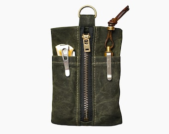 Waxed Canvas Tool Pouch, Small EDC Zipper Organizer, Handmade Utility Pouch
