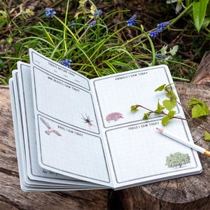 May include: An open nature journal with grid-lined pages, designed for recording observations of wildlife. Sections include 'Mini Beasts', 'Birds', 'Animals', and 'Trees'. A white pencil lies on the page, with illustrations of a bird, spider, hedgehog, and tree.