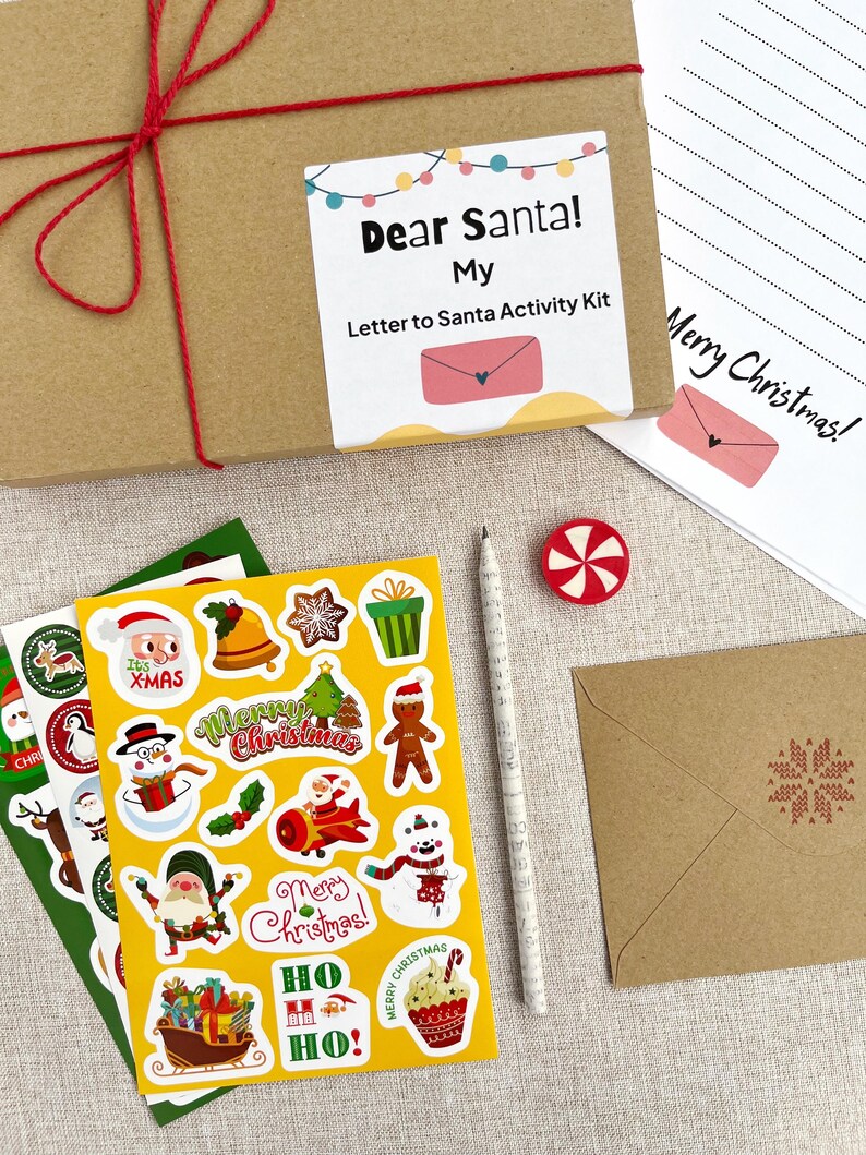 personalised Dear Santa letter to santa christmas activity kit including brightly coloured stickers, a recycled pencil, activity sheets and a christmas eraser