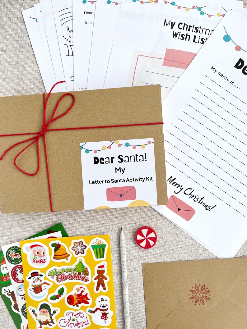 personalised Dear Santa letter to santa christmas activity kit including brightly coloured stickers, a recycled pencil, activity sheets and a christmas eraser