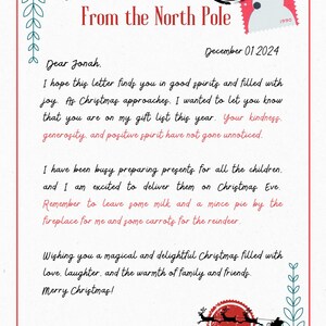 May include: A festive letter from Santa Claus, dated December 01, 2024, with a red and white border. The letter includes a snowman stamp and a circular seal with a reindeer and sleigh illustration. The text reads "From the North Pole."