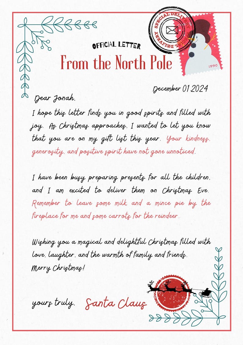 May include: A festive letter from Santa Claus, dated December 01, 2024, with a red and white border. The letter includes a snowman stamp and a circular seal with a reindeer and sleigh illustration. The text reads "From the North Pole."