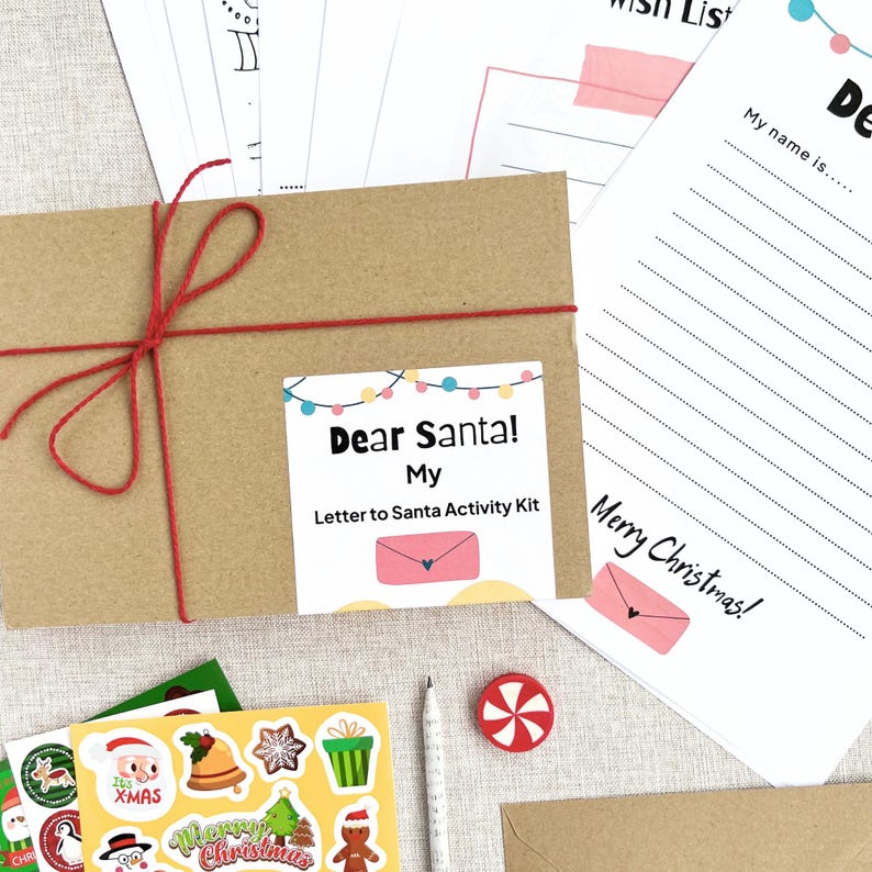 personalised Dear Santa letter to santa christmas activity kit including brightly coloured stickers, a recycled pencil, activity sheets and a christmas eraser