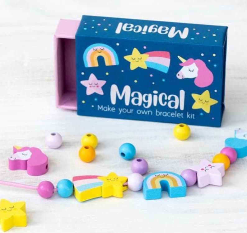 Unicorn Bracelet Making Kit - Wooden Bead DIY Jewellery Making with unicorn, star and round beads in a gift box