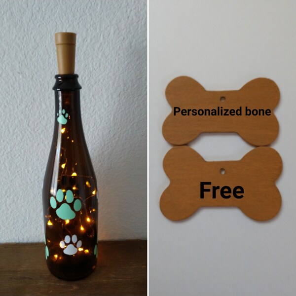 Dog themed gifts, Wine bottle lights, Dog mom birthday gift, Home decor for pet lovers, Lighted paw prints, Personalized wood bone included