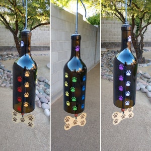 Rainbow bridge wind chime, Wine bottle memorial, Dog remembrance, Pet sympathy, Dog loss gifts, Rainbow paw windchimes, Remembered forever
