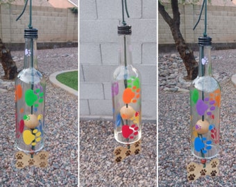 Rainbow bridge wind chime, mini wine bottle memorial, Dog remembrance, Pet sympathy, Dog loss gifts, Rainbow paw windchimes, loved forever