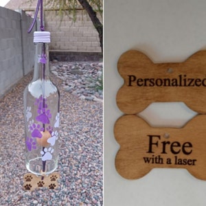 Gifts for dog mom, Recycled glass windchime, Dog lover yard art, Personalized pet gift, Purple paw wind chime, Outdoor wine bottle decor