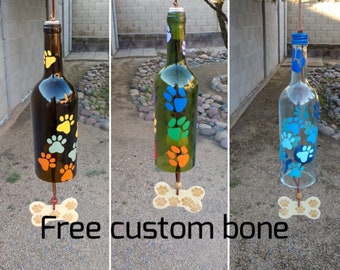 Custom wine bottle wind chimes, Unique dog gift, Dog mom gifts, Dog themed yard art, Pick the paw colors and bottle color, Personalized bone