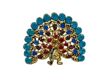 Vintage Gold Tone Crystal Peacock Brooch 1.5", Free Shipping