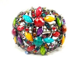 Vintage Multi Colored Crystal Hinged Floral Brass Tone Bracelet