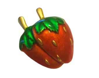 Vintage  Enamel Strawberry Brooch with Gold Stem, Free Shipping