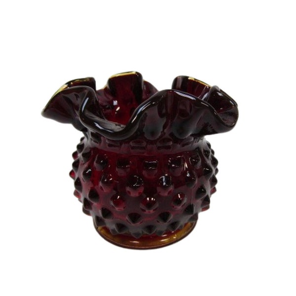 Fenton Amberina Glass Hobnail Crimped Rose Bowl Vase 1940s, Free Shipping