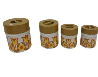 Vintage Yellow & Green Enamel Floral Canister Set of 4, Free Shipping