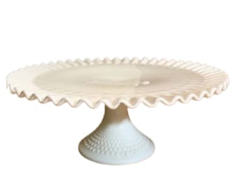 Fenton Hobnail Milk Glass Cake Stand with Ruffled Edge 1960s, Free Shipping