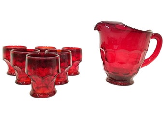 Georgian Red Glass Honeycomb Pitcher Set by Viking Glass, 6 pc set, Free Shipping