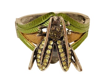 Vintage Enamel Crystal Cicada Clamper Bracelet, Free Shipping