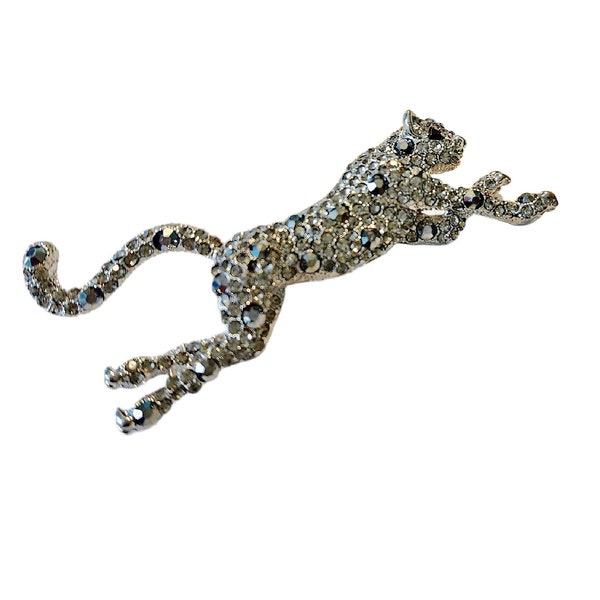 Art Deco Encrusted Pave Leopard Panther Brooch Crystal Encrusted Cartier Style 4" Long, Free Shipping