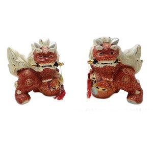 Satsuma Moriage Fu Dog, Komainu Lion, Set of 2, 1920s,7.5 W, Foo Lion, Foo Dog afbeelding 1