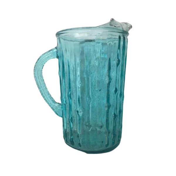 Vintage Aqua Glass Bamboo Pitcher by Anchor Hocking, Free Shipping